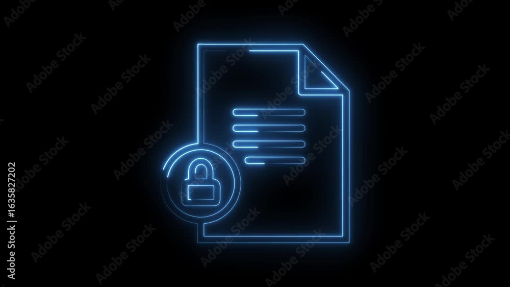 Poster glowing blue neon document icon with padlock symbol isolated on black background representing secure