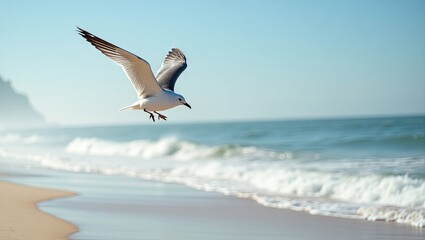 Fototapeta premium A seagull soars above the tranquil ocean shore.
