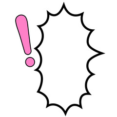 ピンク色でベタ塗りのビックマーク付きの右口で爆発型で縦長の吹き出し