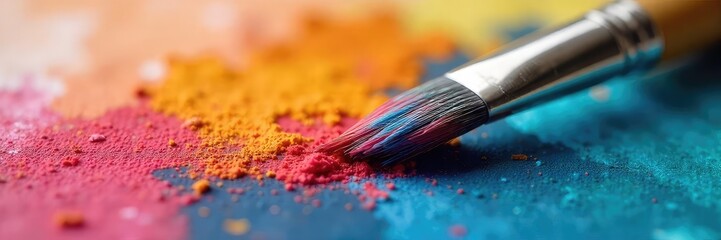 Fototapeta premium Close-up of a paintbrush, bristles saturated with vibrant color, poised above a canvas, ready for the next stroke A still life of artistic creation in progress , art studio, color