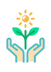 Hands holding a growing plant with a sun icon