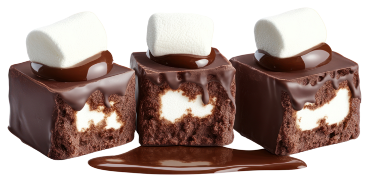Three chocolate fudge cubes stacked confectionery dessert brownie.
