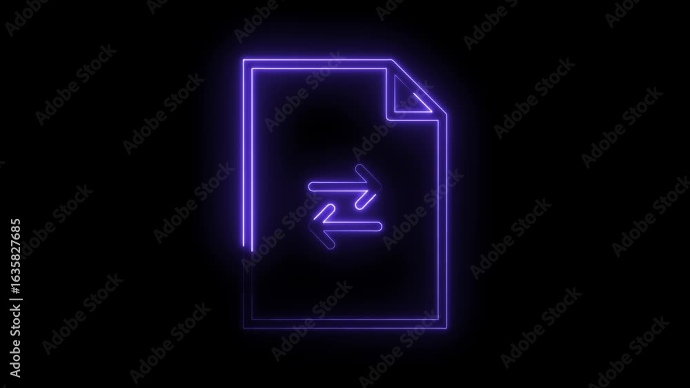 Poster glowing neon document transfer icon with arrows symbolizing data exchange and connectivity on dark