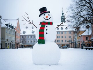 Naklejka premium Snowman in the middle of the city in winter