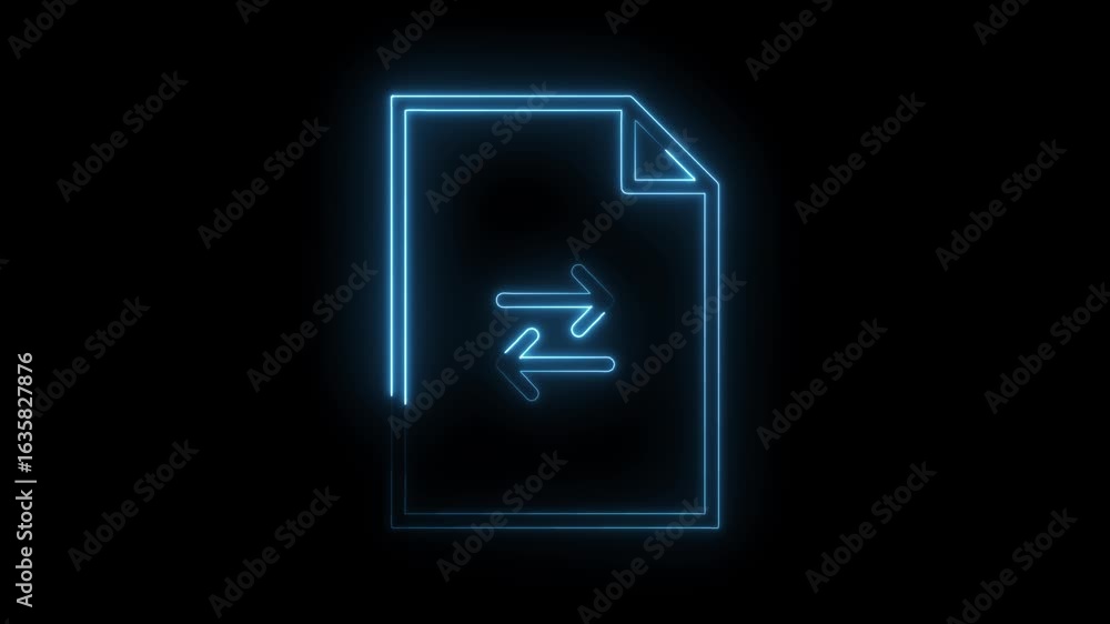 Poster glowing blue neon document icon with bidirectional arrows symbolizing data transfer exchange informa