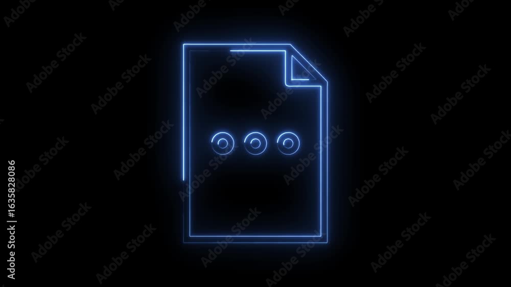 Poster glowing blue neon document icon with three circular dots inside on a black background representing s