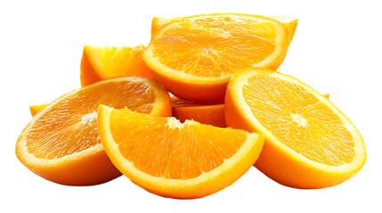 Pile of fresh orange fruit slices isolated on white or transparent png