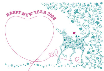 小花を纏い鳥を背にした馬とハートの2026年の年賀状～グリーンとピンク～png