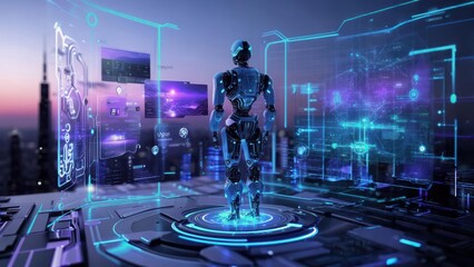 Futuristic robot on a digital platform
