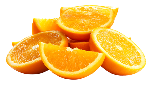 Pile of fresh orange fruit slices isolated on white or transparent png