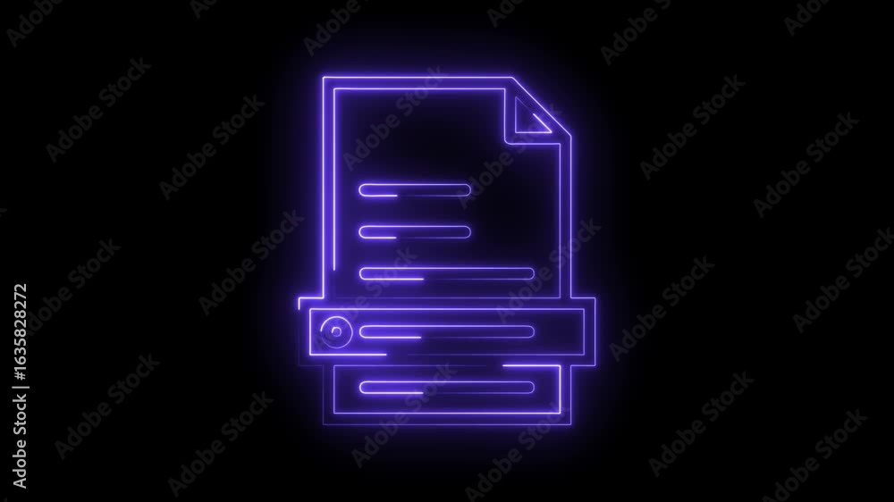 Poster glowing neon document icon with text lines and circular element isolated on black background futuris