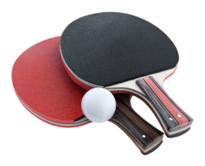 Two ping pong paddles and a ball, side view