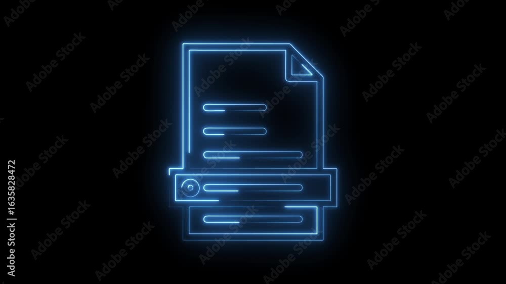 Poster glowing blue neon document icon with abstract lines and circular element on black background represe