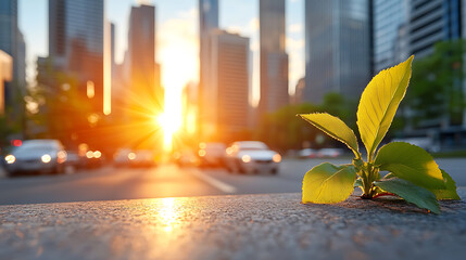 Urban resilience a green leaf amidst skyscrapers cityscape photography sunset close-up nature's persistence