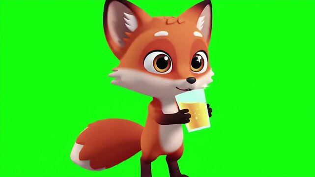 Animated Fox Mascot Holding a Drink Glass on Green Screen Background Adorable Cartoon Fox Character with Big Eyes Animation Ideal for Educational Purposes and Children's Media with Chroma Key Stock