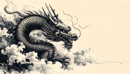 Chinese Dragon Engraving Style Hand Drawing in Black and White