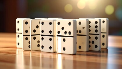 Dominoes arranged in a row on a wooden surface