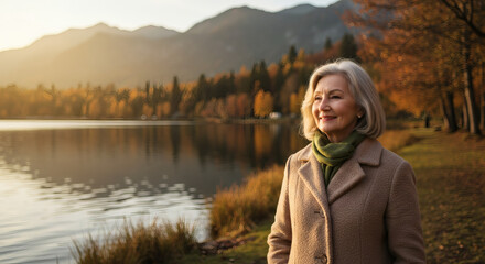 Fototapeta premium Smiling senior woman enjoying autumn scenery by a lake.