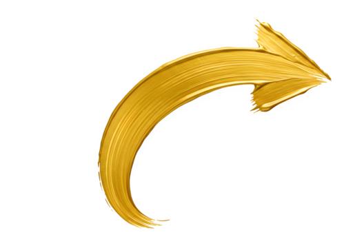 Curved metallic gold brush stroke shaped like an arrow, symbolizing motion, energy, and modern design isolated on white or transparent background. PNG format.