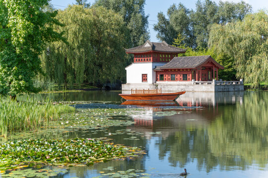 Pavilion with a boat and water lilies. A traditional Chinese pavilion with a wooden boat is located by a water lily pond. Framed by willows and water lilies, the scenery appears almost magical.