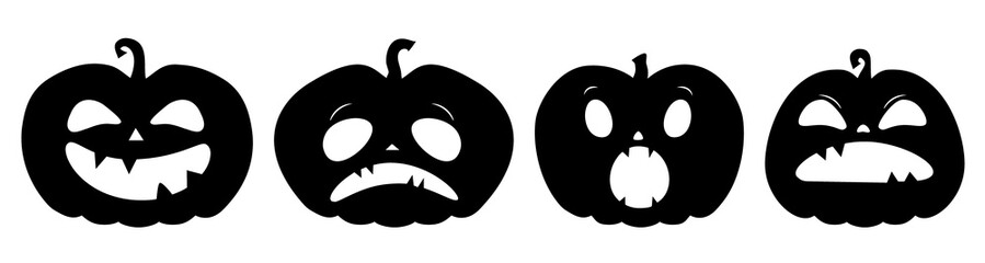 Collection of funny Halloween pumpkins with various emotions - happy, sad, amazed and angry.  Jack o'lanterns - black shadows shapes. Illustration on transparent background