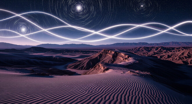 Abstract desert landscape with a starry night sky and futuristic light trails - Powered by Adobe