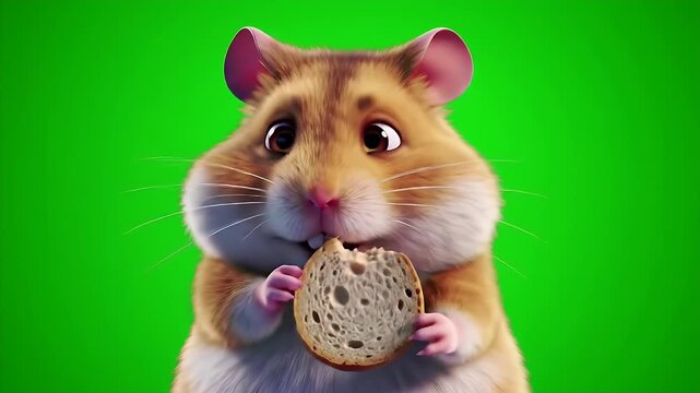 Cheerful Golden Hamster Eating Bread Isolated on Green Screen Background Stock Video Featuring Adorable Mesocricetus auratus Perfect for Children Content Educational Videos and Pet Advertisements