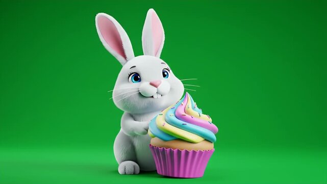 Charming 3D Animation of a White Rabbit Smiling While Eating a Colorful Cupcake Isolated on Green Screen Background Perfect for Easter Celebration and Decoration Stock Video Footage