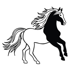 Vector art of black and white illustration of a majestic horse running, isolated on white background