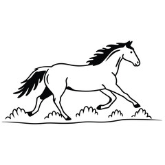 Vector art of a black and white illustration of a horse running through grass, isolated on a white background