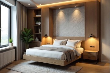 Cozy and modern wall bed design in a small bedroom, creating extra space and functionality Ideal for studio apartments or maximizing small living spaces , efficient design, functional furniture