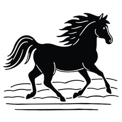 Vector art of silhouette of a black horse running with a flowing mane and tail, isolated on a white background