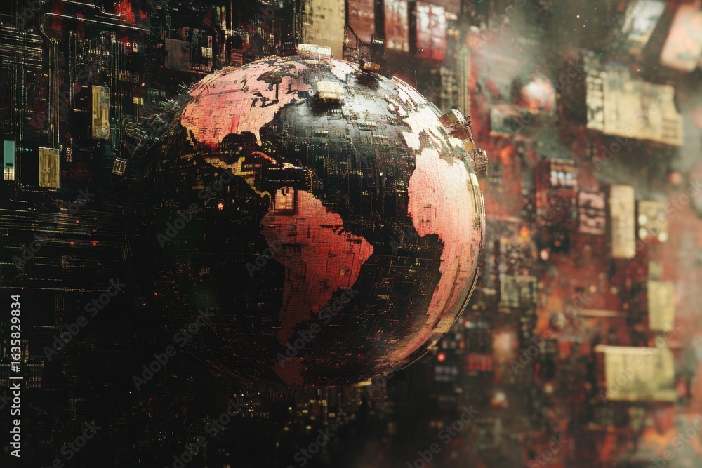 Poster data processing over a globe showcasing global connectivity and technology advancements, data proces