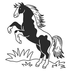 Vector art of a black and white illustration of a horse rearing up on its hind legs with a flowing mane and tail