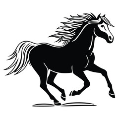Vector art of black silhouette of a galloping horse with a flowing mane and tail, isolated on white background