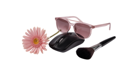Pink gerbera daisy sunglasses computer mouse and makeup brush on black background