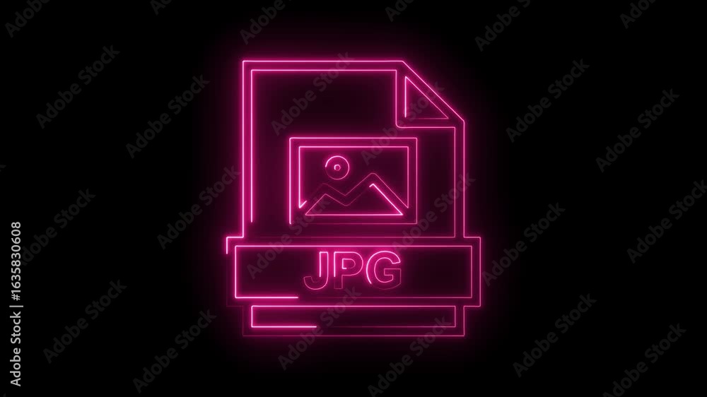 Poster glowing neon pink j p g file icon with image preview and text on transparent black background futuri