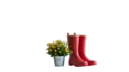 Red rain boots and yellow flowers in a pot with black background