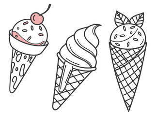 Vector art of three handdrawn ice cream cones with sprinkles and a cherry, isolated on a white background
