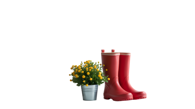 Red rain boots and yellow flowers in a pot with black background - Powered by Adobe