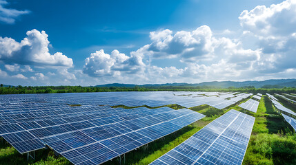 Vast solar panel farm under a bright blue sky