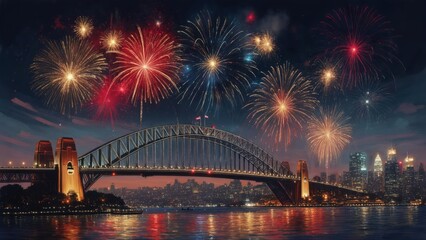 Naklejka premium Fireworks over a city bridge at night