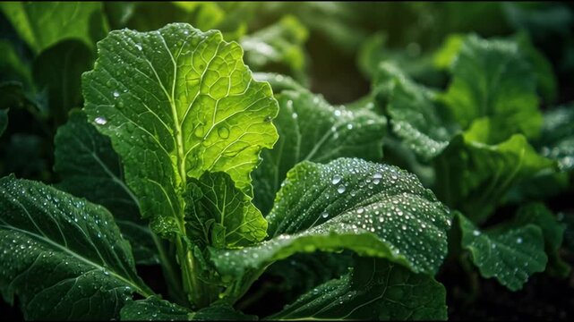 Dew covered kale leaves glowing in gentle morning light, showcasing farm fresh purity