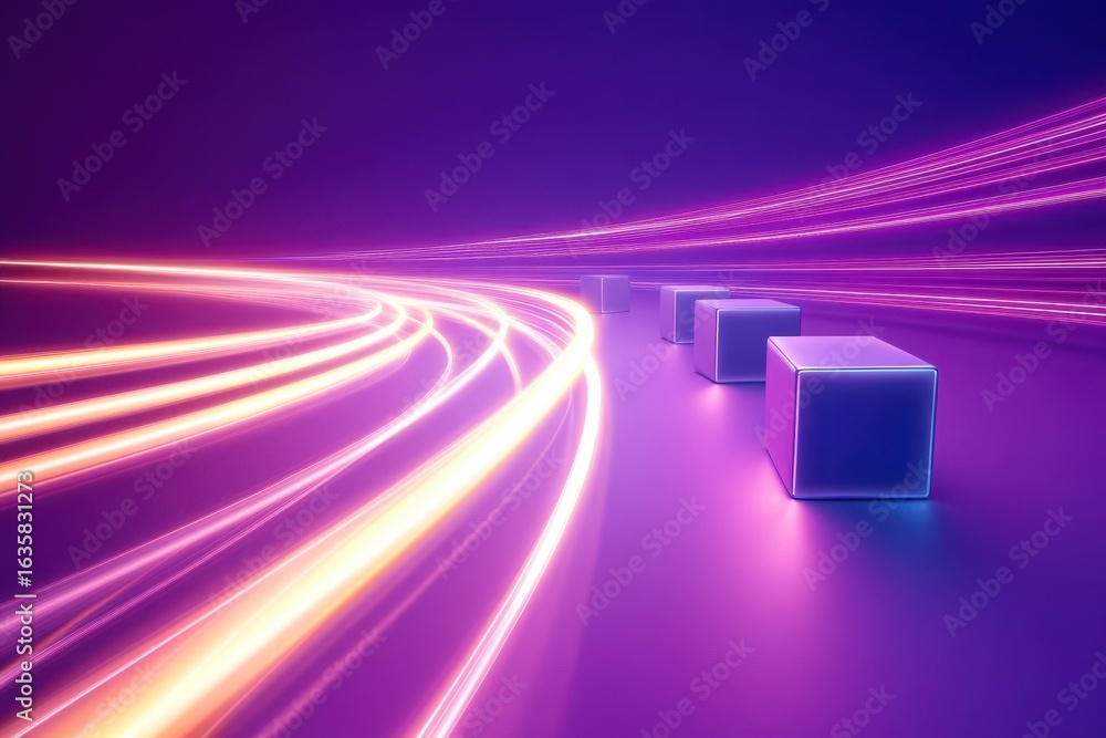 Poster glowing light trails weave dynamically over illuminated cubes in a purple backdrop, glowing light tr