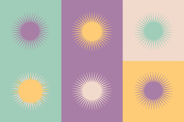 Abstract pattern of sunbursts in pastel colors arranged in a grid like format on a colorful background