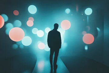 Silhouette in a glowing light display creates an enchanting atmosphere at an art exhibit, shape and glowing lights