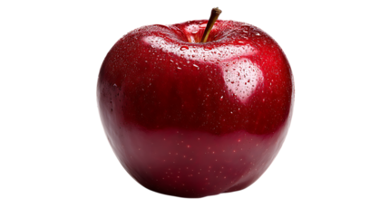 Close up of a shiny red delicious apple covered in water droplets isolated on white or transparent png