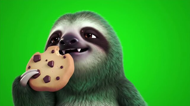 Animated Cartoon Sloth Eating a Cookie Isolated on Green Screen Background Stock Footage Featuring Three-Toed Sloth,  Cute Animal Mascot with a Sweet Treat, Cartoon Style Illustration, Suitable for