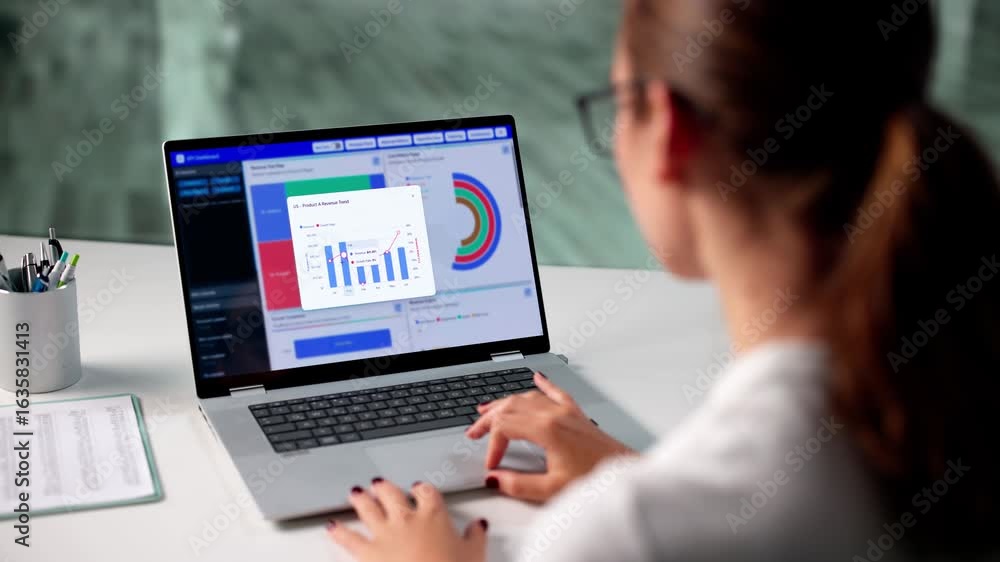 Poster business data scientist: marketing manager using computer