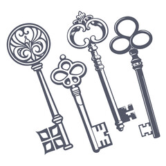 Vector art of collection of four ornate antique skeleton keys isolated on white background